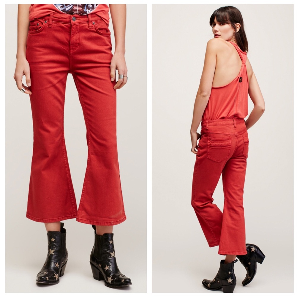 Free People Red Chloe Cropped Flare Leg Jeans